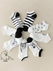 4/8 Pairs Unisex Black & White Cat Cartoon Striped & Polka Dot Breathable Moisture-Wicking Cute Funny Ankle Socks, Suitable For Daily Wear - Black and White - View 4