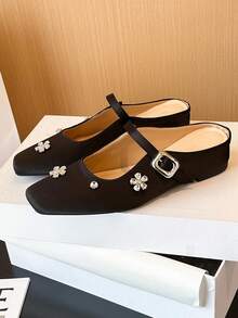 Xin Jing Shoes Women's Flat Shoes, Fashion Versatile Rhinestone Flower One-Strap Flat Heel Commuting Loafers - Black - View 10