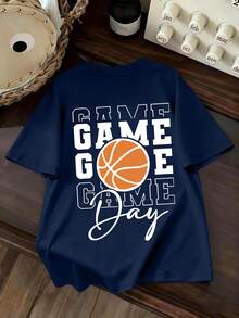 青少年/男童休闲篮球图案字母印花圆领短袖T恤，时尚夏季新款童装T恤 - 藏蓝色 - 查看 1