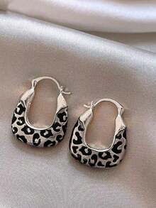 1 Pair Retro Chic Geometric Leopard Print Unique Elegant Personalized Hoop Earrings For Women, Suitable For Parties And Gatherings - Silver - View 6