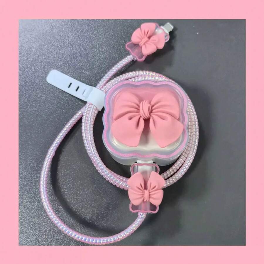 适用于 16 的可爱硅胶充电器保护套/线缆整理器，英标插头，18/20W 充电，可爱蝴蝶结造型，方便整理线缆，妇女节礼物，送给女孩 - 粉色 - 查看 1