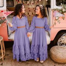 2026 Girls Elegant Lace Flower Boho Dress Long Sleeve Backless Square Neck Ruffle Party Maxi Dress - 11 紫色 - 查看 4