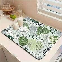 1pc Mint Green Leaf Pattern Absorbent Non-Slip Kitchen Counter Drying Mat, Heat Resistant Coffee Bar Decor - The Language Of Mint Green Leaves - View 3
