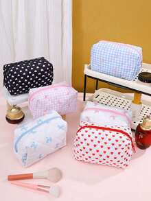 1pc Quilted Bow Makeup Bag, Mini Cosmetic Bag, Women's Minimalist Zipper Travel Pouch, Lipstick Organizer, Portable Travel Toiletry Bag, Large Capacity Cute Wash Bag, Multi-Function Storage Pouch, Sanitary Pad/Tampon Holder, Zipper Wallet, Travel Essentials, Cruise Essentials, Dorm Essentials, Travel Accessories, Home Organizer, Suitable For Home Organization And Outdoor Travel, Business Travel, Beach Vacation - Multicolor - View 2