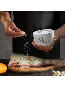 1 Set Ceramic Salt & Pepper Bowls, 2 Compartments, Lid Salt Container, Stackable, Black & White Color, Salt & Pepper Set, Salt Bowl, Pepper Bowl, 2 Wooden Lids, Small Plate, Kitchen Decor, Kitchen Utensils - MultiWarna - View 4