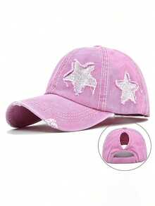 1pc Ladies' Embroidered 5-Pointed Star Washed Ponytail Distressed Baseball Cap, Sun Protection Leisure Hat Suitable For Spring/Autumn Travel, Beach Holidays, Men's Sun Hat, Y2K Style Youth Hat - A - 查看 11