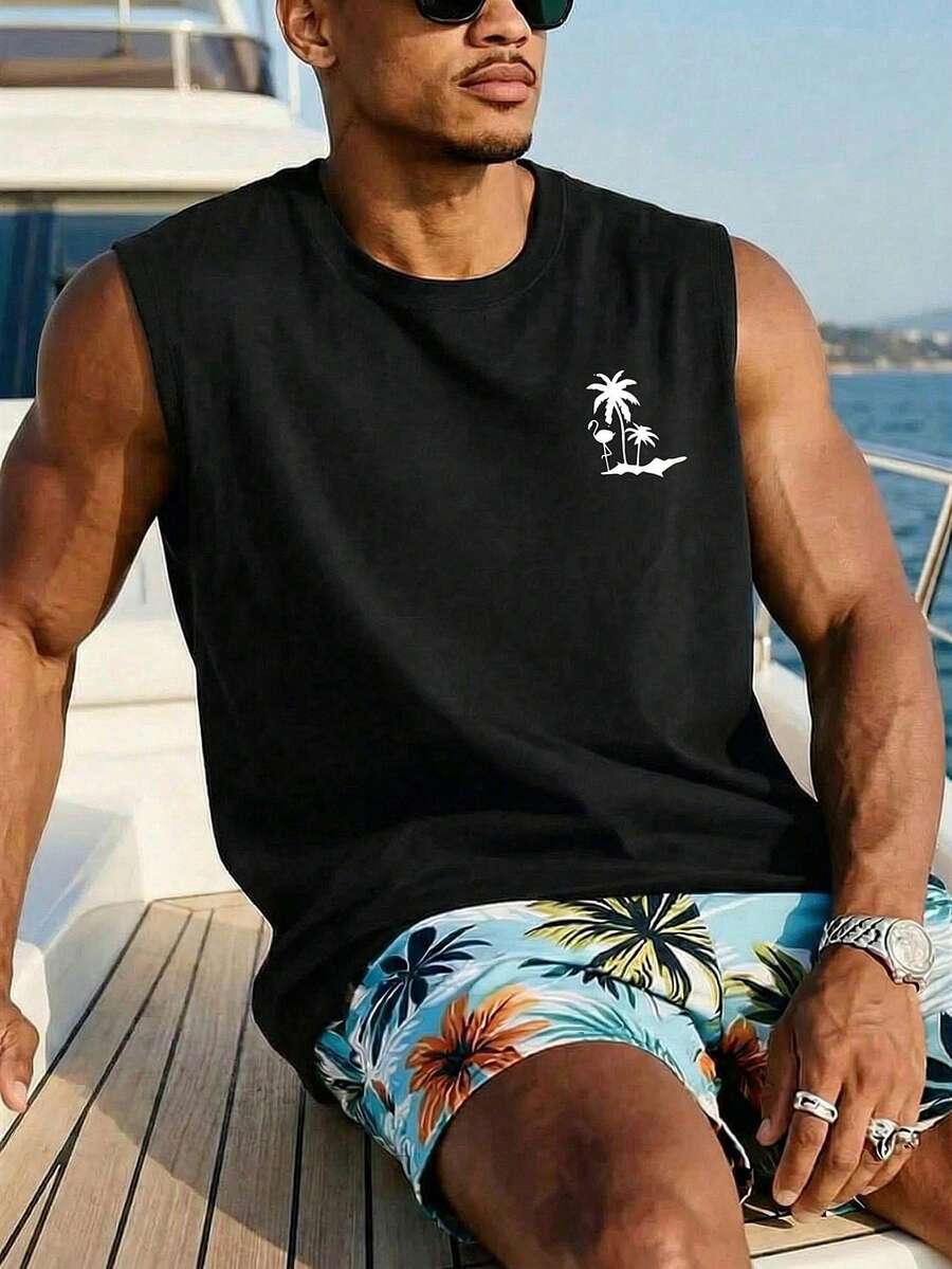 1 chiếc áo tank top nam cổ tròn in hình cây dừa, kiểu dáng thường ngày, thích hợp cho mùa hè. - màu đen - Xem 1
