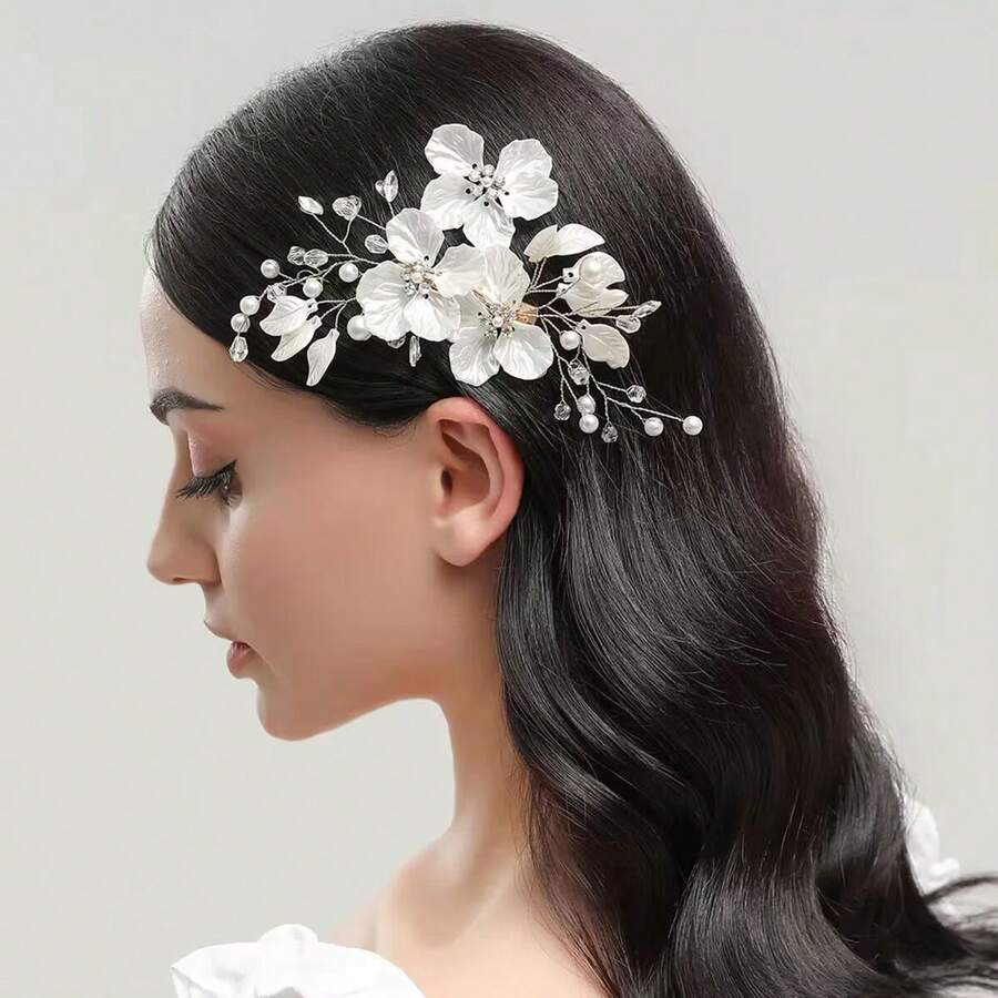 1/2/3pcs Women's Handmade Pearl Flower Hair Clips, Bridal Accessories For Wedding Season - White - View 1