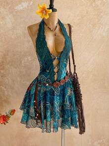Women's Vintage Halter Backless Ruffle Hem Mini Dress, Holiday Outfits For Women , Summer Holiday Outfits, Bohemian, Boho,Spring/Summer, Carnival Outfit,Retro Outfits - màu xanh lá - Xem 4