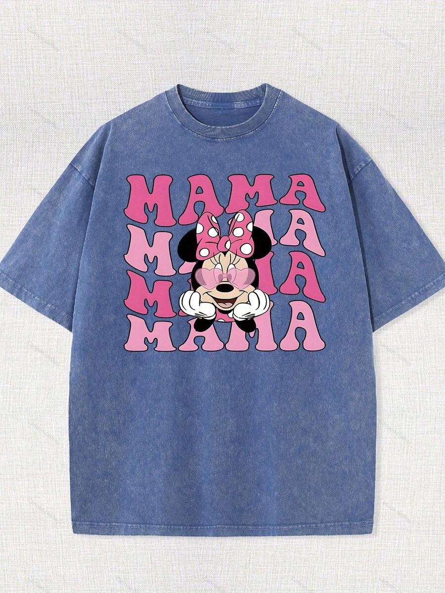 Disney Authorized | Retro Minnie Mouse Mommy T-Shirt -100% Cotton Washed Unisex Short Sleeve Casual Shirt-Machine Washable-Perfect Summer Birthday Gift For Fans-Daily Comfort-Classic Print Durable. - Màu xanh lam - Xem 1