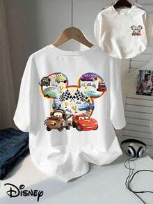 Disney Licensed "Cars" Lightning Mcqueen, Mater, And Other Iconic Racing Characters Double-Sided Printed T-Shirt, Short-Sleeve Round Neck Casual Top, Suitable For Summer And Spring, Short-Sleeve Top, Women'S Clothing - 白色 - 查看 1