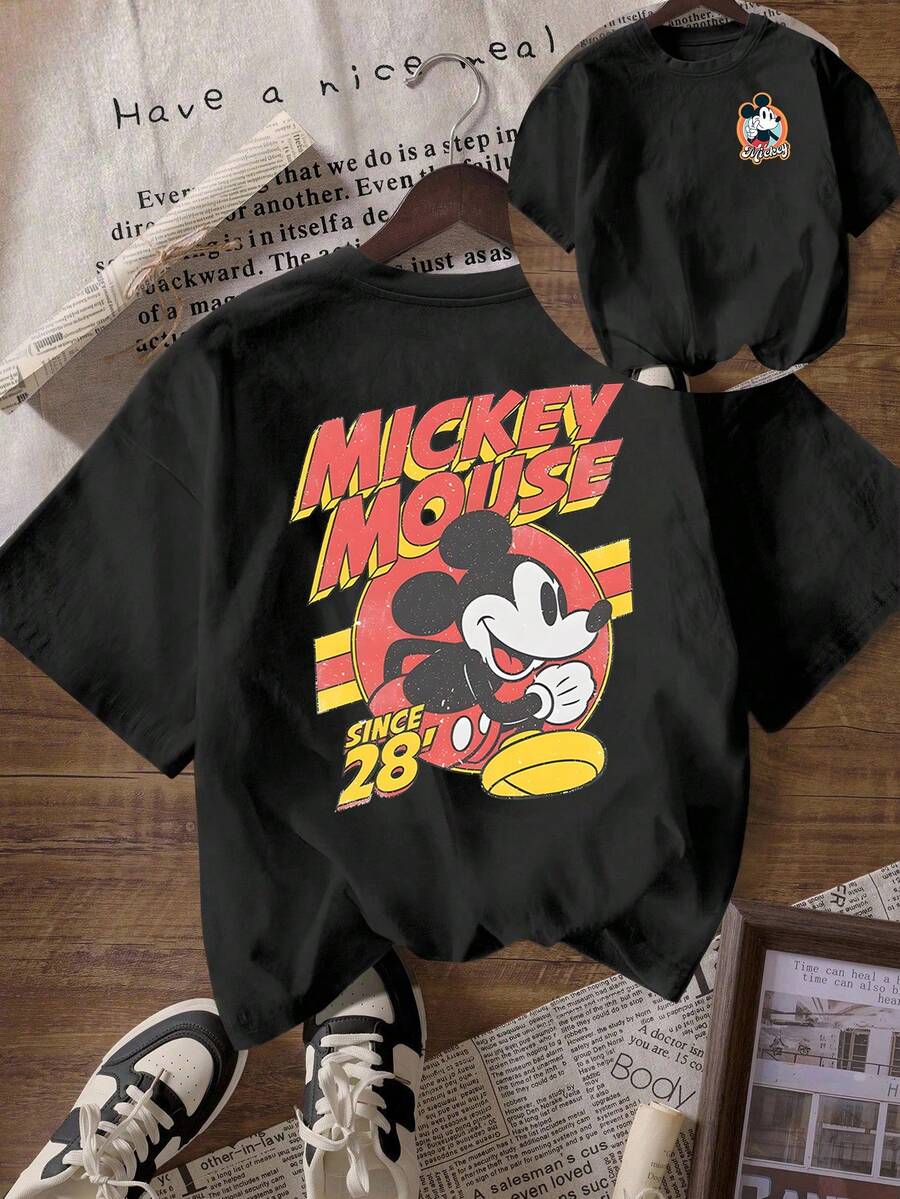 Disney Loose Fit Retro Vintage Style "MICKEY MOUSE SINCE 28" Front And Back Printed T-Shirt, Suitable For Summer And Spring, Short Sleeved Tops, Women's Clothing, Holiday Gift Party Clothing. - 黑色 - 查看 1