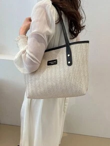 女士草编手提包，时尚度假沙滩包，大容量多功能通勤单肩包 - 黑色 - 查看 4