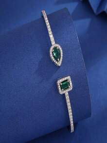 1pc Fashion Square Cubic Zirconia Decorative Bangle Bracelet, Blue/Silver Color, Suitable For Women Everyday Wear - Xanh đậm - Xem 7