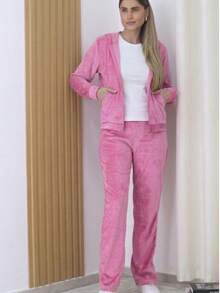Women's Traditional Plush Set With Hooded Blouse - 淺粉色 - 查看 2