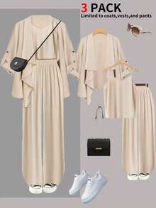 大码女装三件套：纯色V领吊带背心+长裤+时尚不对称外套 - 杏色 - 查看 2