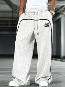 Men's Wide Leg Printed Drawstring Waist Street Pants, Fall - màu đen - Xem 5