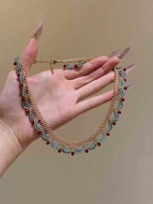 1pc Fashionable Retro Modern Street Style Multi-Layer Lace Red & Blue Contrast Beaded Necklace, Suitable For Parties, Vacations, Gifts, And Daily Wear - Multicolor - View 3