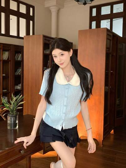 Áo thun dệt kim tay ngắn cổ polo kiểu Hàn Quốc ngọt ngào, đa năng, phong cách thường ngày.