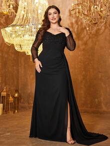 UNITHORSE Sweetheart Collar Sequins Embroidered Mesh Patchwork Long Sleeve Ruched Extra Long Flowing Formal Evening Gown - Black - View 1