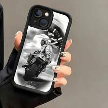 1 pieza Funda de teléfono con gráfico de motociclista en blanco y negro y fondo de velocímetro - Negro - Ver 2