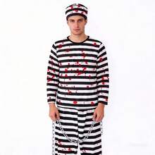 1 Set Men's Halloween Striped Prisoner Costume With Bloody Chain, Hat, Suitable For Children Zombie Cosplay, Includes Top, Pants, Hat, Chain - Multicolor - View 10