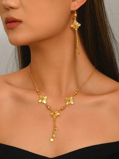 3pcs/Set Copper Zirconia Flower Y-Shaped Necklace & Earrings Set, Tassel & Round Disc Design, Suitable For Wedding & Party