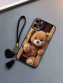 1pc Perforated Straight Edge Bear Painted Thick Shockproof Painted Phone Case With Decorative Accessories, New Leather Heart Wrist Strap DIY Phone Case Pendant, Short Wrist Strap Pendant Compatible With Iphone, Galaxy, / - Multicolor - View 3