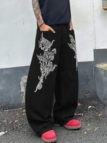 1 chiếc quần jeans ống loe dáng rộng in họa tiết Gothic cổ điển, quần jeans ống phồng phong cách đường phố cá tính, phù hợp mặc hàng ngày, ở nhà và du lịch, unisex. - màu đen - Xem 4