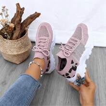 Fashion Leopard Print Lace-Up Trainers. Lightweight Mesh, Cushioned Sole And Flexible Design, Comfy For Gym, Walking And Everyday Casual Wear. - Pink - View 3