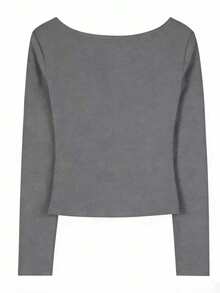 Kaos Lengan Panjang Leher V Dalam Warna Abu-abu Vintage, Atasan Camisole Pendek dengan Hiasan Renda untuk Wanita - Dark Grey - View 2