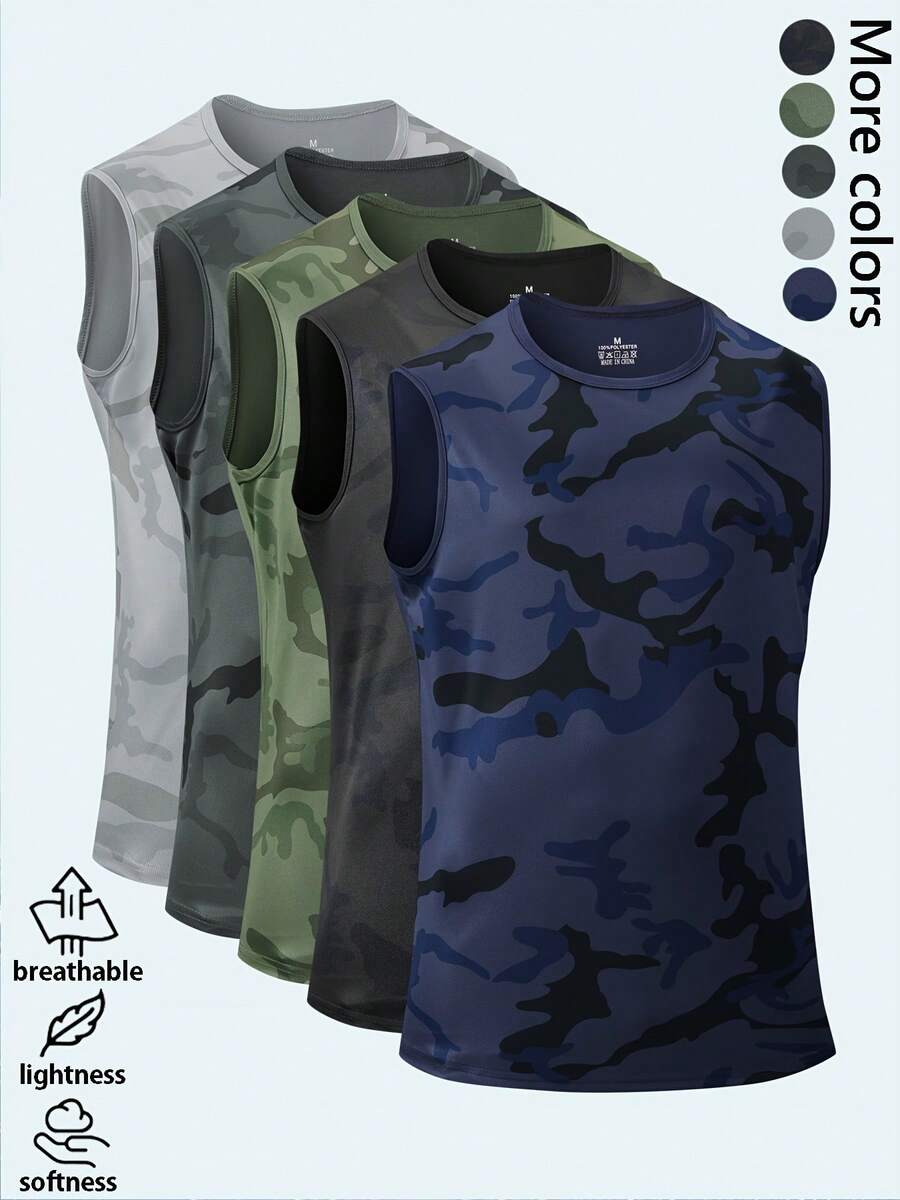 Camouflage Sleeveless Vest Men, Sports T-Shirt, Wide Shoulder Fitness Tank Top, Summer - Blue - View 1