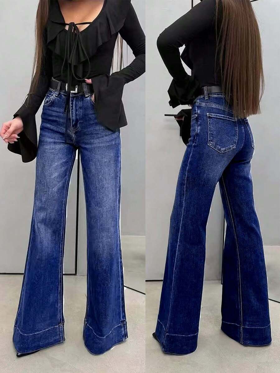 Women's Pocket Button Casual Everyday Commute Flare Jeans Spring - Dusty Blue - View 1