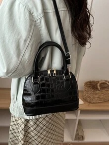 Fashionable Solid Color Embossed Handbag - Black - View 4