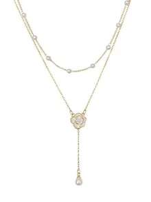 1pc Elegant Pearl Camellia Flower Double-Layer Necklace, Personalized Faux Pearl Tassel White Camellia Flower Choker Necklace, Fresh And Elegant Fashion Bridal Necklace, Versatile For Wedding, Date, Party, Birthday, Women Jewelry Gift - Gold - View 6