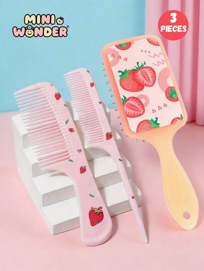 3pcs Air Cushion Hair Brush Set, Semi-Transparent Jelly Color, Strawberry Cartoon Pattern, Fruit Print Air Cushion Massage Scalp