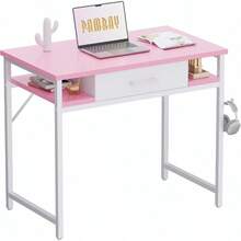 Computer Desk, Office Desk, Pamray 32 Inch Small Computer Desk With Drawer And Shelves Simple Study Work Table For Bedroom Pink - Hồng + 32 inch - Xem 1
