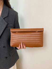 Solid Color PU Leather Lightweight Large Capacity Flap Magnetic Closure Small Square Bag, Multi-Functional Party Evening Bag, Suitable For Women - Brown - View 3