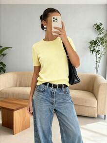 FOR BEAUTY 春夏条纹圆领短袖针织衫，女士新款休闲简约宽松套头衫，时尚优雅舒适家居服上衣 - 淺鵝黃 - 查看 3