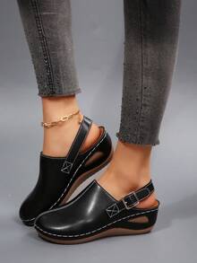 European And American Style Wedge Slide Sandals For Women, Backstrap Buckle Slip-On Casual Shoes, Versatile Commuting Matte Leather Footwear - Black Leather - View 6