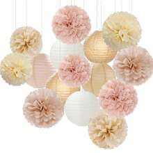 1 set (15 pièces) Lanternes en papier roses, boules de fleurs en papier décoratives, décor pour fête de famille chaleureuse, baby shower, anniversaire, mariage, Saint-Valentin, fond romantique - Multicolore - Voir 2