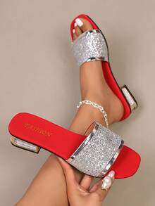 Giày sandal nữ mùa hè mới, thời trang, thanh lịch, mũi vuông, đính đá, gót dày. - Bạc - Xem 1