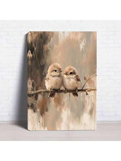 1 Vintage Style Watercolor Baby Bird Perched On Branch Oil Painting With Wooden Frame - Neutral Tones, Textured Background, Ready To Hang, Suitable For Living Room And Bedroom Decoration, Ideal Gift, Bird-Themed Decorative Gift, Birthday And Graduation Gift