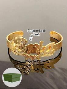 1pc Personalized 3D Name Bracelet - Pure Silver, Floral Print Style Bracelet, Customized Text Jewelry, 18K Gold Stainless Steel Jewelry, Comes With Elegant Gift Box, Suitable As Mother's Day Gift - Gold - View 1