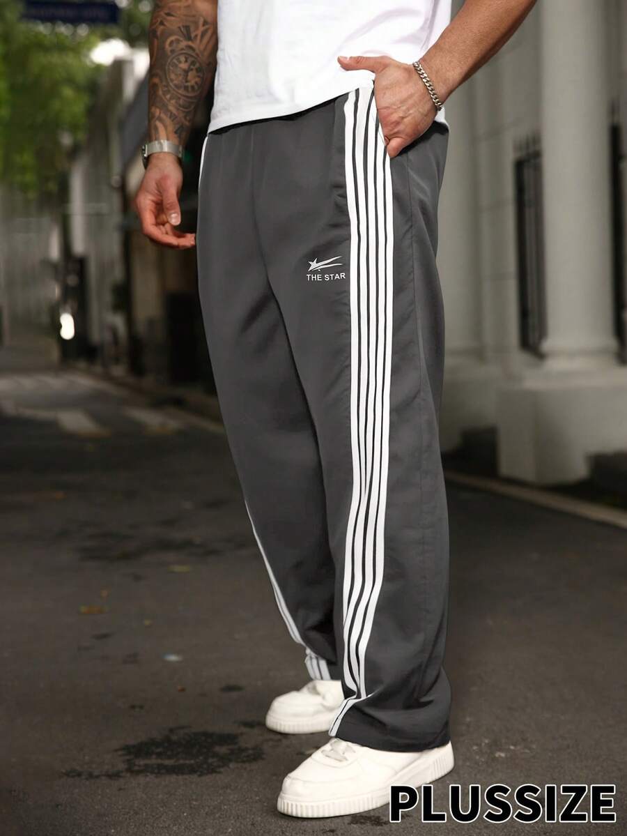OMNIVOLUME Plus Size Men's Straight Leg Loose Fit Striped Casual Sweatpants Sports - Grey - View 1