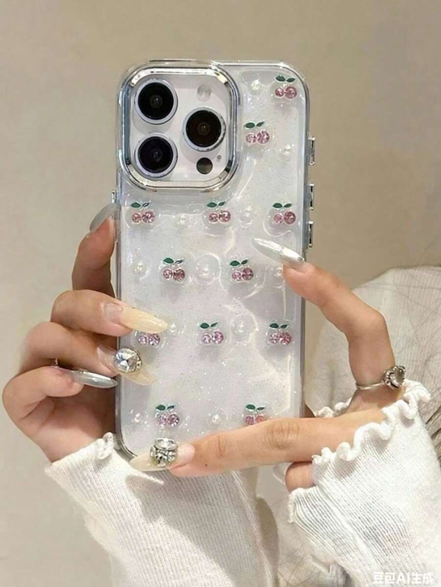 1pc Pink Cherry Pearl Transparent Phone Case, Compatible With IPhone 16 Pro Max, 17 Pro Max/15/14/13/12/11/16E, Anti-Drop Phone Protective Cover - Pink Cherry - View 1