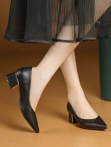 Women's 5cm Black Pointed Toe Flat Pumps, 2026 Spring/Autumn 5cm Chunky Heel Black Pointed Toe Pumps Suitable For Interview, Office, Career Outfit - Black - View 6