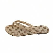 Women's Letter Jacquard Flat Slide Sandals, With Gold Metal Buckle, Slip-On Open Toe Casual Beach Slippers - Khaki - View 9