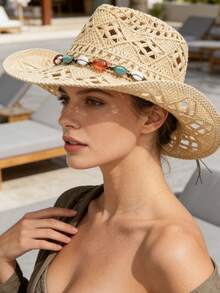 1顶男女通用纯色镂空手工编织万寿菊草帽，时尚复古卷边巴拿马帽，百搭美式西部牛仔爵士帽，适合户外休闲、度假、防晒、日常佩戴，帽链可单独搭配。 - A - 查看 3