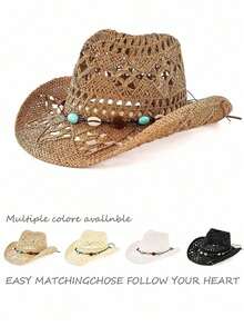 1顶男女通用纯色镂空手工编织万寿菊草帽，时尚复古卷边巴拿马帽，百搭美式西部牛仔爵士帽，适合户外休闲、度假、防晒、日常佩戴，帽链可单独搭配。 - A - 查看 10